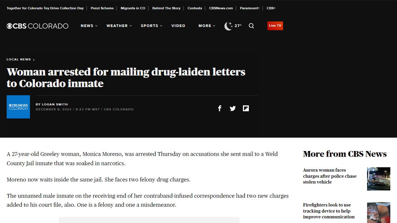 Woman arrested for mailing drug-laiden letters to Colorado inmate